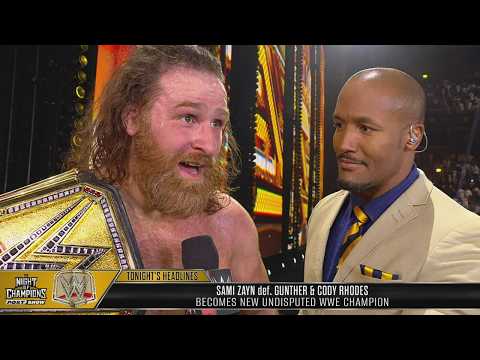 Sami Zayn celebrates winning the Undisputed WWE Title: Night of Champions 2026 highlights